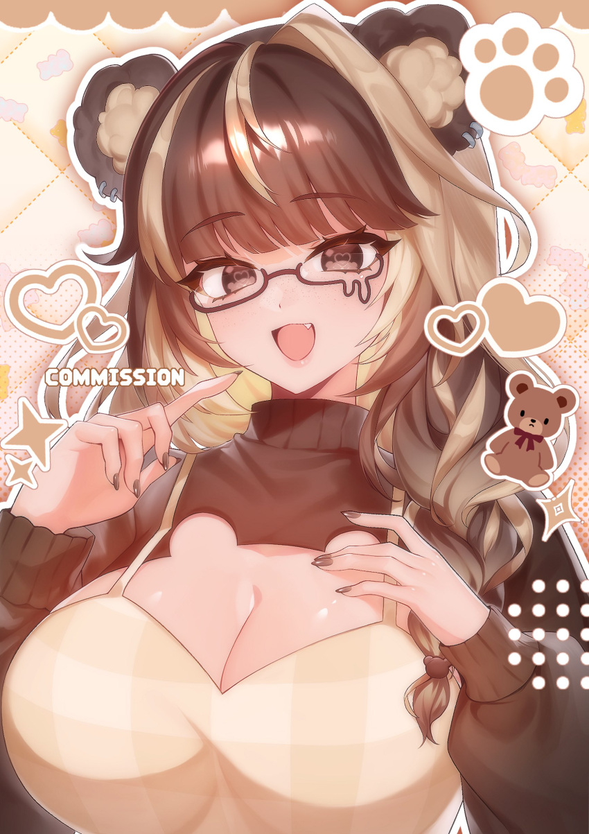 1girl absurdres animal_cutout animal_ears apron bear_ears bear_girl beary_ein braid breasts brown_eyes brown_hair brown_nails brown_sweater cleavage cleavage_cutout clothing_cutout commission earrings fang glasses hand_on_own_chest heart highres indie_virtual_youtuber jewelry long_hair multicolored_hair open_mouth paw_print semi-rimless_eyewear sics_(666daisuchan) skeb_commission solo streaked_hair stuffed_animal stuffed_toy sweater teddy_bear turtleneck turtleneck_sweater two-tone_hair upper_body virtual_youtuber yellow_apron