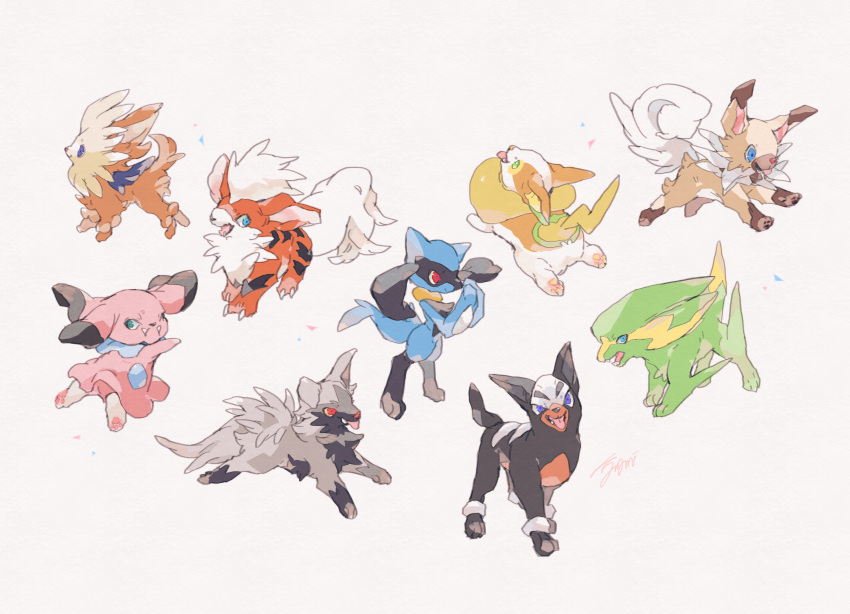 absurdres blue_eyes claws closed_mouth commentary_request electrike fangs fangs_out growlithe highres houndour kanami_(bprod) lillipup no_humans open_mouth pokemon pokemon_(creature) poochyena red_eyes riolu rockruff signature smile snubbull tongue tongue_out white_background yamper