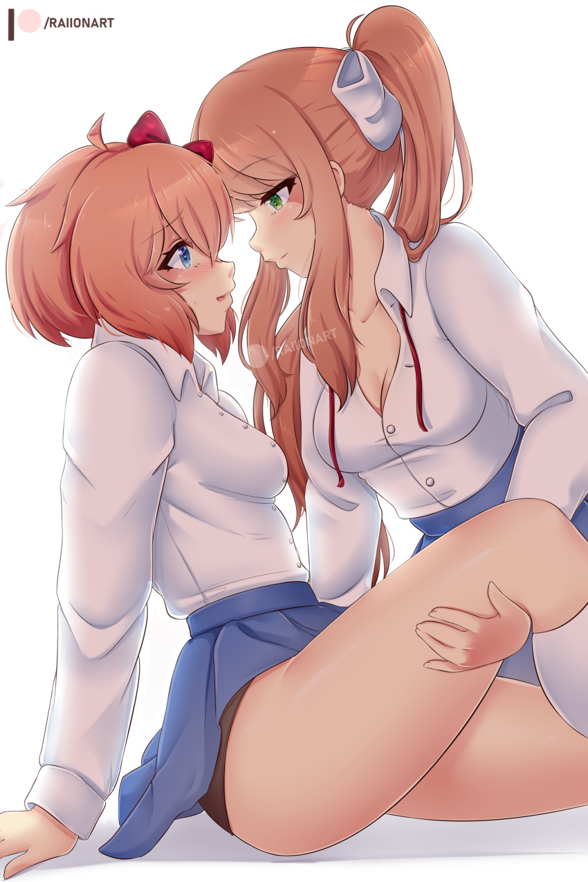 2girls absurdres ahoge artist_name black_panties blue_eyes blue_skirt blush bow breasts brown_hair cleavage commentary doki_doki_literature_club eye_contact face-to-face from_side green_eyes hair_between_eyes hair_bow hair_ribbon heart heart-shaped_pupils highres kneehighs long_hair long_sleeves looking_at_another medium_breasts monika_(doki_doki_literature_club) multiple_girls neck_ribbon panties parted_lips profile raion_(raionart) red_eyes red_ribbon ribbon sayori_(doki_doki_literature_club) school_uniform shirt short_hair simple_background skirt smile socks symbol-shaped_pupils thighs underwear undone_neck_ribbon white_background white_ribbon white_shirt white_socks yuri