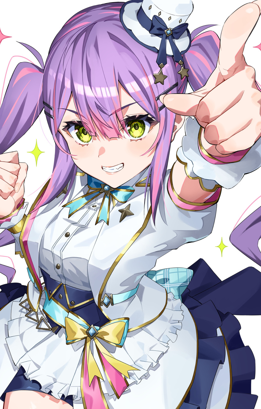 1girl :d absurdres clenched_hand clenched_teeth collared_shirt commentary_request cropped_jacket dress frills green_eyes hat highres hololive idol_clothes long_hair looking_at_viewer mini_hat mini_top_hat neck_ribbon pointing pointing_up purple_hair r_h_0502 ribbon shirt sidelocks smile solo teeth tokoyami_towa top_hat torso twintails very_long_hair waist_ribbon white_dress wrist_cuffs