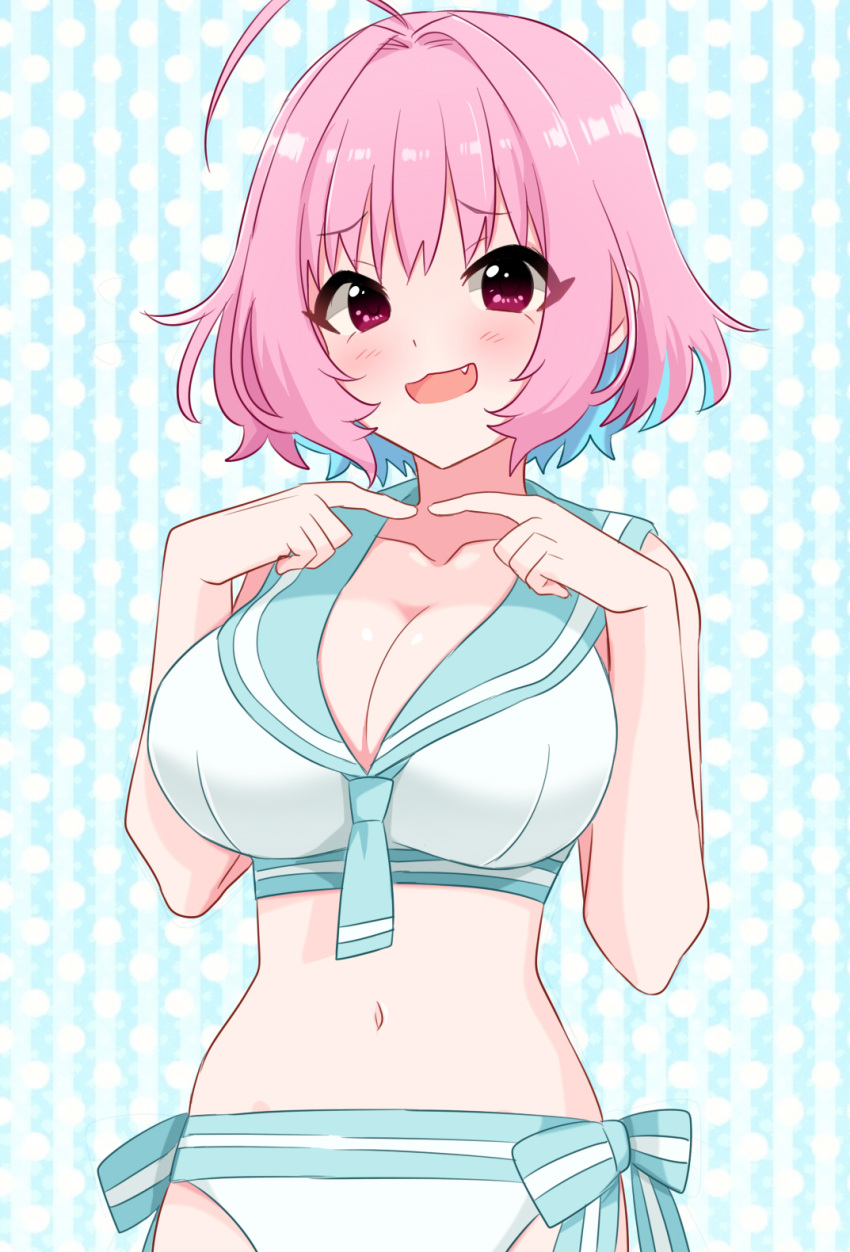1girl ahoge alternate_eye_color aqua_sailor_collar bikini blue_background blue_hair blush breasts cleavage collarbone commentary fang hands_up highres idolmaster idolmaster_cinderella_girls index_fingers_raised large_breasts looking_at_viewer open_mouth pink_hair purple_eyes raised_eyebrows sailor_collar smile solo sukoyaka_(100hituzi) swimsuit white_background white_bikini yumemi_riamu