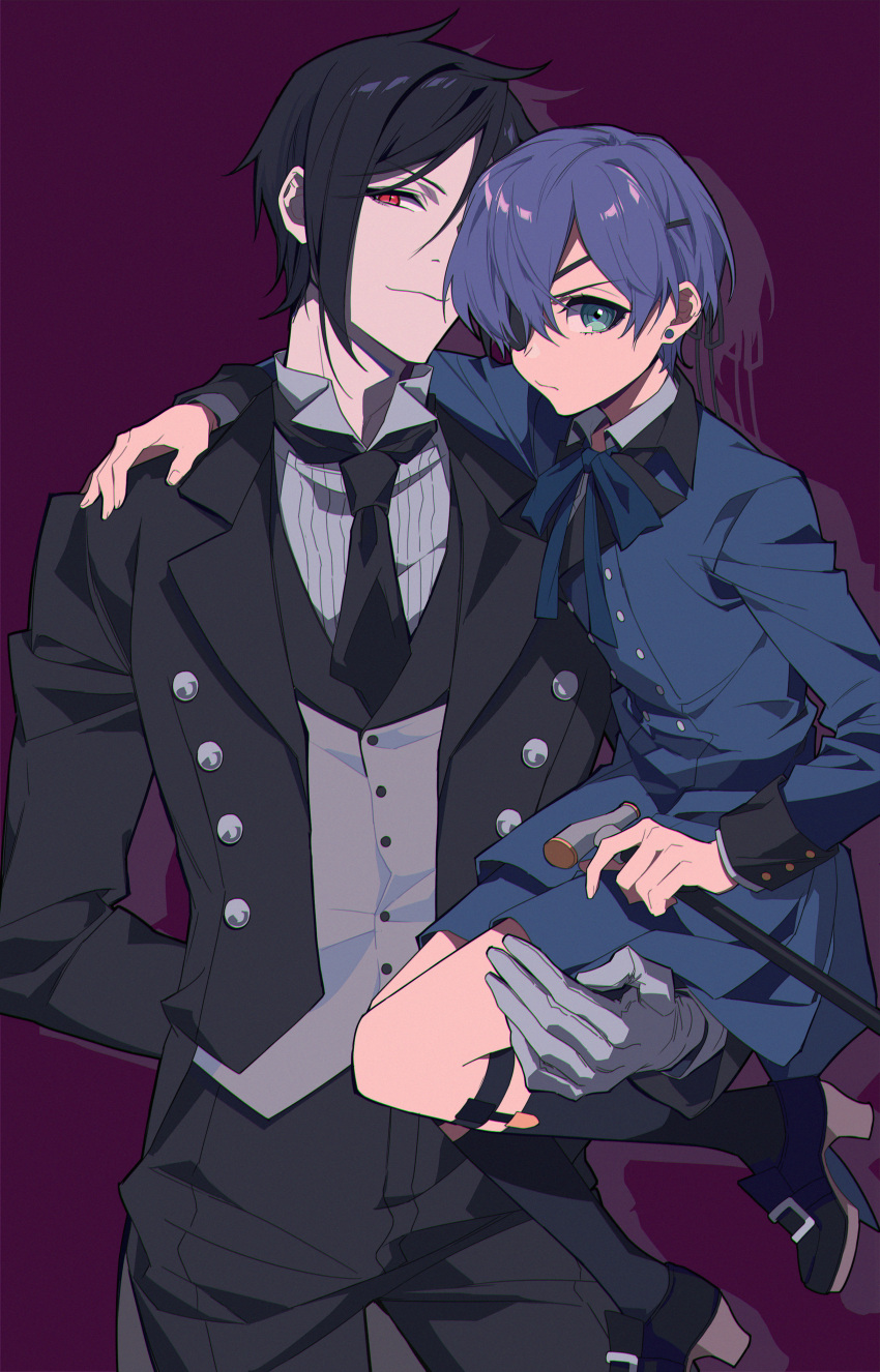 2boys absurdres al_(ahr) arm_behind_back black_footwear black_hair black_jacket black_necktie black_pants black_thighhighs blue_eyes blue_hair blue_jacket blue_ribbon buttons cane carrying carrying_person ciel_phantomhive closed_mouth collared_shirt earrings eyepatch grey_shirt hair_over_one_eye hand_on_another's_shoulder height_difference highres holding holding_cane jacket jewelry kuroshitsuji male_focus multiple_boys necktie pants red_eyes ribbon sebastian_michaelis shirt short_hair simple_background smug thigh_strap thighhighs white_shirt yaoi