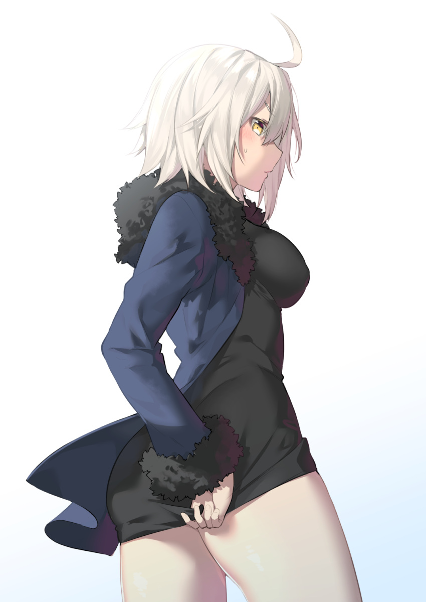 1girl ahoge ass black_dress blue_jacket blush breasts commentary_request cowboy_shot dress dress_tug fate/grand_order fate_(series) fur-trimmed_jacket fur_trim highres itohana jacket jeanne_d'arc_alter_(fate) jeanne_d'arc_alter_(ver._shinjuku_1999)_(fate) large_breasts looking_at_viewer medium_breasts official_alternate_costume open_clothes open_jacket short_dress short_hair solo sweatdrop white_hair yellow_eyes