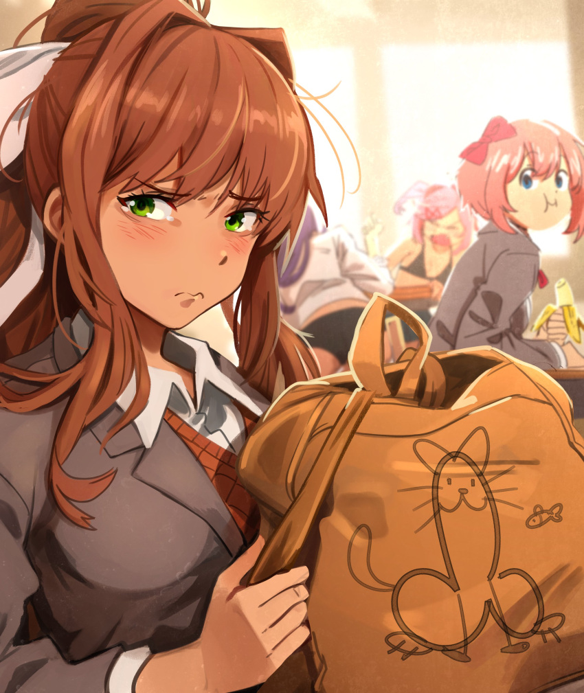 4girls :t absurdres ass backpack bag banana blue_eyes bow brown_hair closed_eyes commentary doki_doki_literature_club food fruit green_eyes grey_jacket hair_bow hair_intakes highres holding holding_food holding_fruit indoors jacket khyle. long_hair looking_at_viewer monika_(doki_doki_literature_club) multiple_girls natsuki_(doki_doki_literature_club) penis_doodle pink_bow pink_hair purple_hair sayori_(doki_doki_literature_club) smile upper_body yuri_(doki_doki_literature_club)