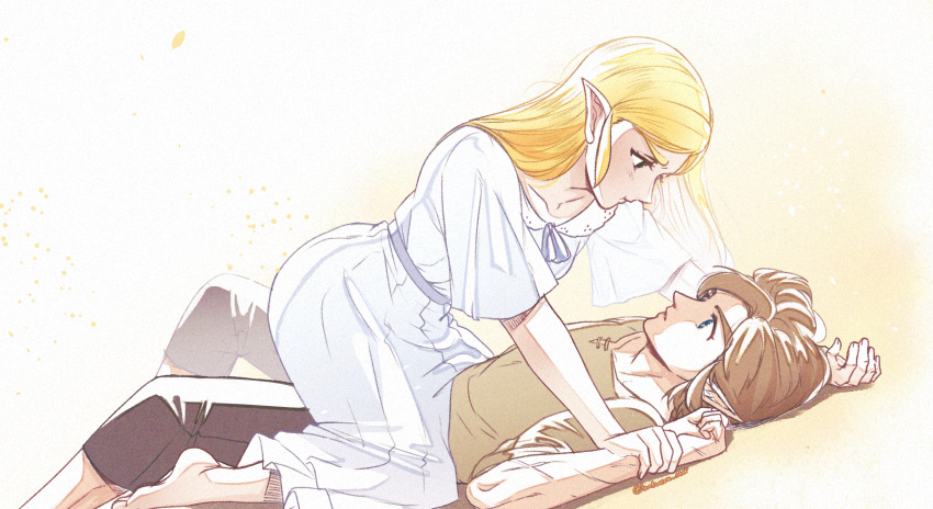 barefoot blonde_hair brown_hair brown_shirt dress girl_on_top highres link long_hair pinned pointy_ears pout princess_zelda scar shirt straddling the_legend_of_zelda the_legend_of_zelda:_breath_of_the_wild white_dress wildstar69