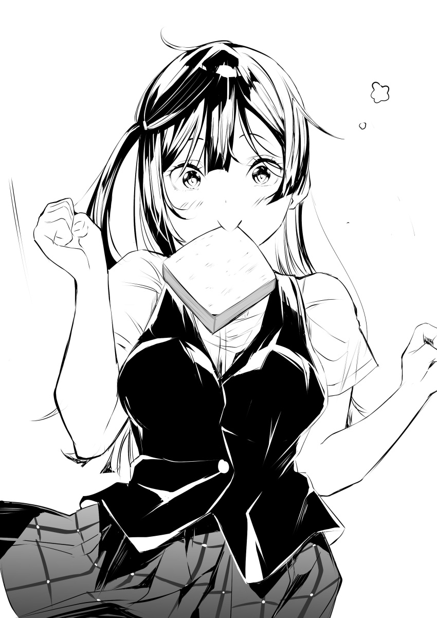 1girl absurdres blush bread bread_slice breasts clenched_hands commentary_request food food_in_mouth greyscale highres long_hair looking_at_viewer love_live! love_live!_nijigasaki_high_school_idol_club medium_breasts monochrome mouth_hold nijigasaki_academy_school_uniform one_side_up pleated_skirt school_uniform shirt short_sleeves skirt solo summer_uniform tommer upper_body vest white_background yuki_setsuna_(love_live!)