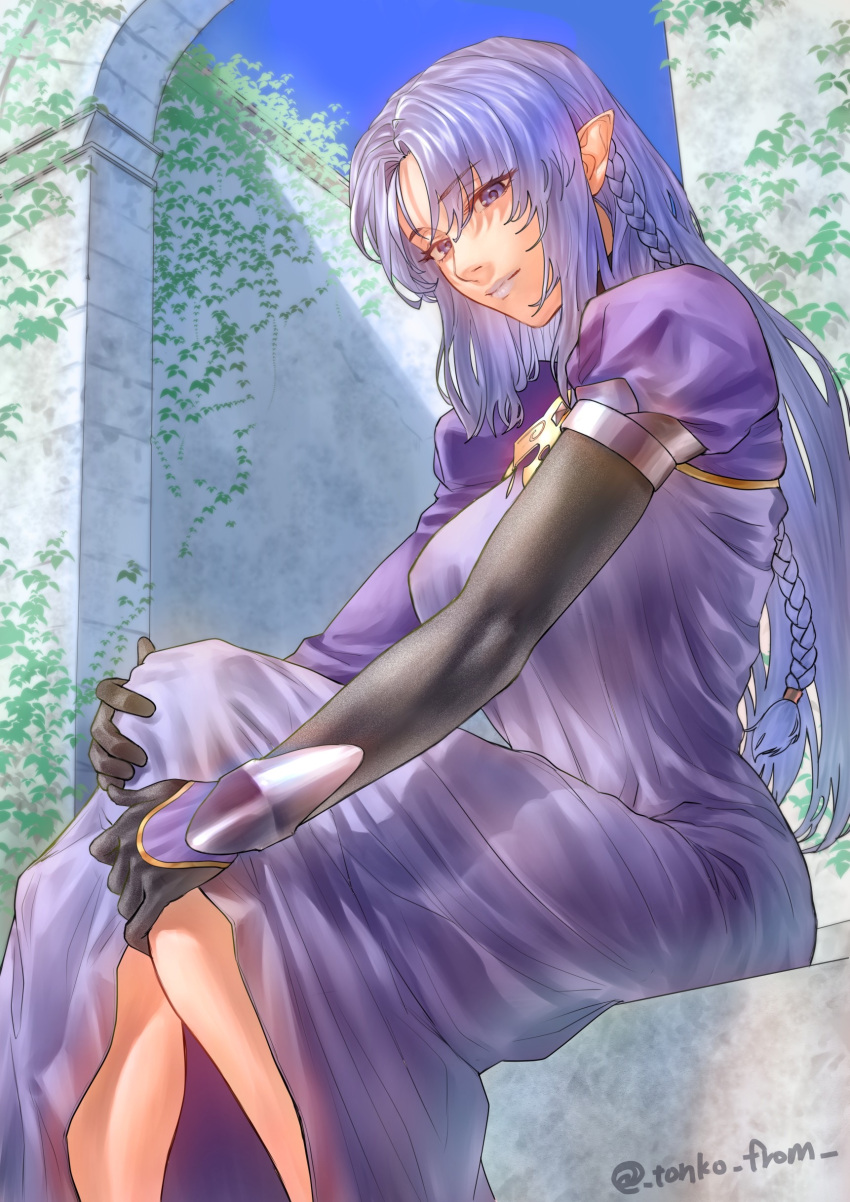 1girl absurdres black_gloves blue_eyes blue_hair braid breasts cape choker dress fate/stay_night fate_(series) gloves highres large_breasts long_hair long_sleeves looking_at_viewer medea_(fate) parted_bangs pointy_ears purple_cape purple_dress side_braid sidelocks sitting smile solo tonko_from