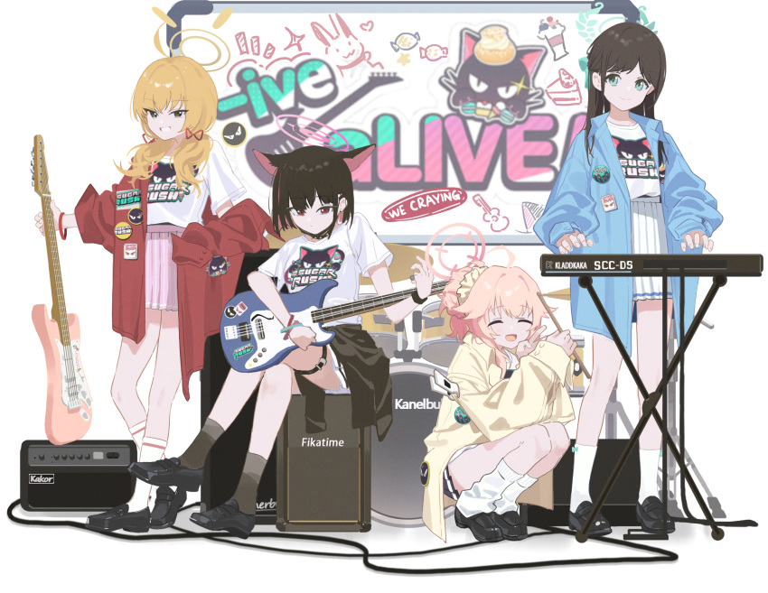 4girls ^_^ after-school_sweets_club_(blue_archive) airi_(band)_(blue_archive) airi_(blue_archive) amplifier animal_ears bass_guitar black_cardigan black_footwear black_hair blonde_hair blue_archive blue_coat blush cardigan cardigan_around_waist cat_ears closed_eyes clothes_around_waist coat colored_inner_hair commentary crossed_legs drum drum_set drumsticks electric_guitar extra_ears fender_jazz_bass fender_stratocaster guitar hair_ribbon halo highres holding holding_drumsticks holding_instrument instrument kazusa_(band)_(blue_archive) kazusa_(blue_archive) keyboard_(instrument) loafers logo looking_at_viewer multicolored_hair multiple_girls music natsu_(band)_(blue_archive) natsu_(blue_archive) official_alternate_costume pink_hair pink_skirt playing_instrument pleated_skirt print_shirt red_coat ribbon shirt shoes short_hair siguma_(13238772100) simple_background sitting skirt smile squatting standing twintails two-tone_hair v white_background white_shirt white_skirt whiteboard yellow_coat yoshimi_(band)_(blue_archive) yoshimi_(blue_archive)