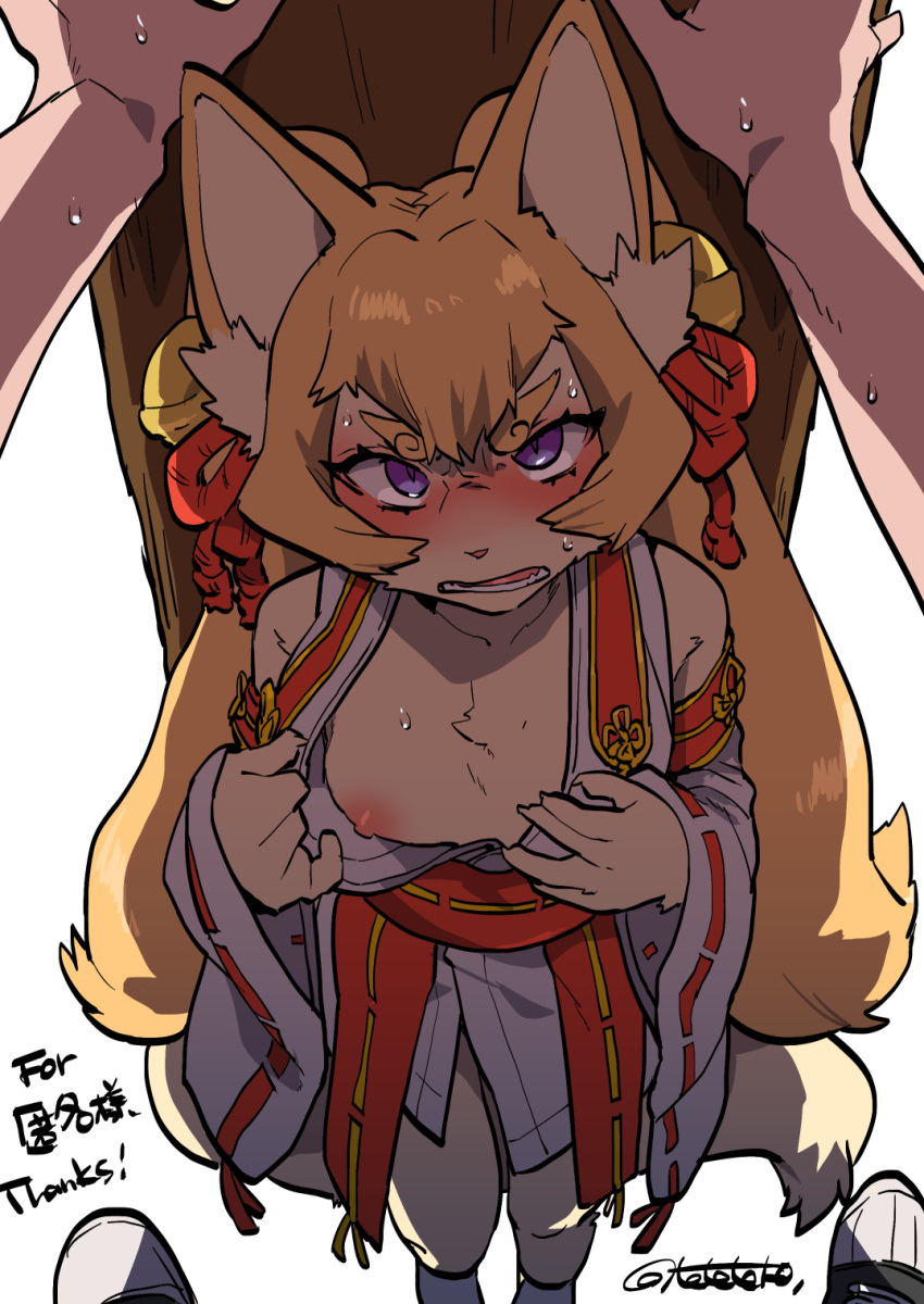 1girl against_wall animal_ear_fluff animal_ears artist_name blonde_hair blush body_fur claws clothes_pull commentary_request detached_sleeves flat_chest fox_ears fox_girl fox_tail furry furry_female hands_up highres japanese_clothes kabedon long_hair long_sleeves looking_at_viewer miko nipples one_breast_out open_mouth original pov purple_eyes shirt_pull simple_background slit_pupils solo_focus standing sweat tail teko_(tawake) thick_eyebrows twintails twitter_username very_long_hair white_background wide_sleeves yellow_fur