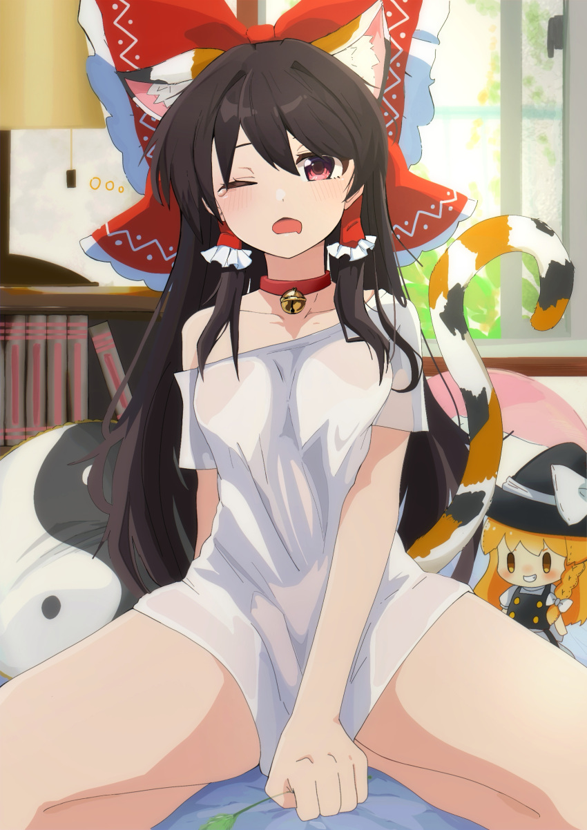 1girl absurdres alternate_costume animal_ear_fluff animal_ears bell black_hair book bow calico cat_ears cat_tail cat_teaser character_doll collar commentary frilled_bow frilled_hair_tubes frills hair_bow hair_tubes hakurei_reimu highres indoors jingle_bell kirisame_marisa light_blush long_hair momo_ga_suki_desu neck_bell off_shoulder one_eye_closed open_mouth red_bow red_collar red_eyes shirt solo tail touhou white_shirt yin_yang yin_yang_print