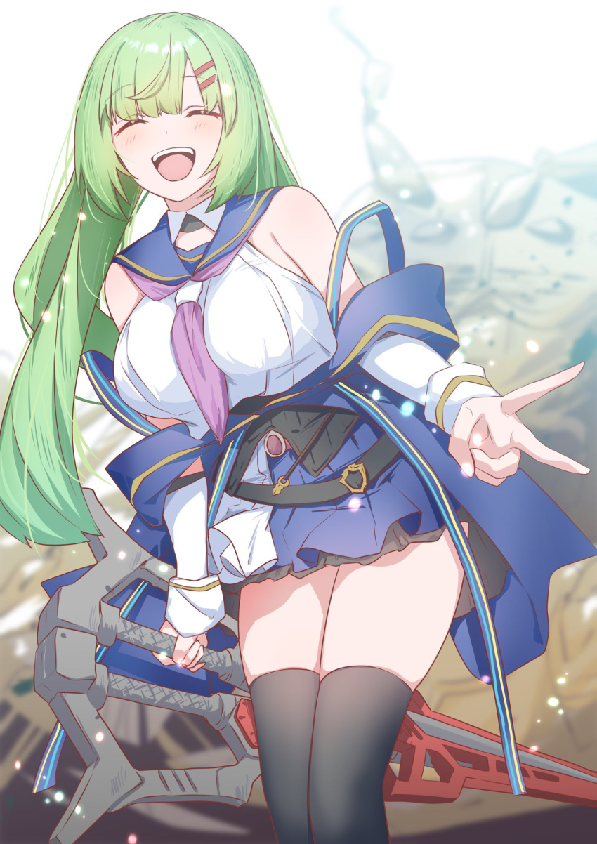 1girl :d ^_^ arm_at_side assault_lily bare_shoulders black_shirt black_thighhighs blue_jacket blue_sailor_collar blue_skirt blurry blurry_background blush breasts carcass closed_eyes commentary_request cowboy_shot crop_top detached_collar detached_sleeves facing_viewer green_hair hair_ornament hairclip highres holding holding_weapon houji_tea_latte jacket kawabata_hotaru leaning_to_the_side light_particles long_hair long_sleeves medium_breasts miniskirt monster neckerchief odaiba_girls_high_school_uniform off_shoulder open_mouth purple_neckerchief sailor_collar school_uniform serafuku shirt skirt sleeveless sleeveless_shirt smile solo standing teeth thighhighs undershirt upper_teeth_only v weapon white_background white_shirt zettai_ryouiki