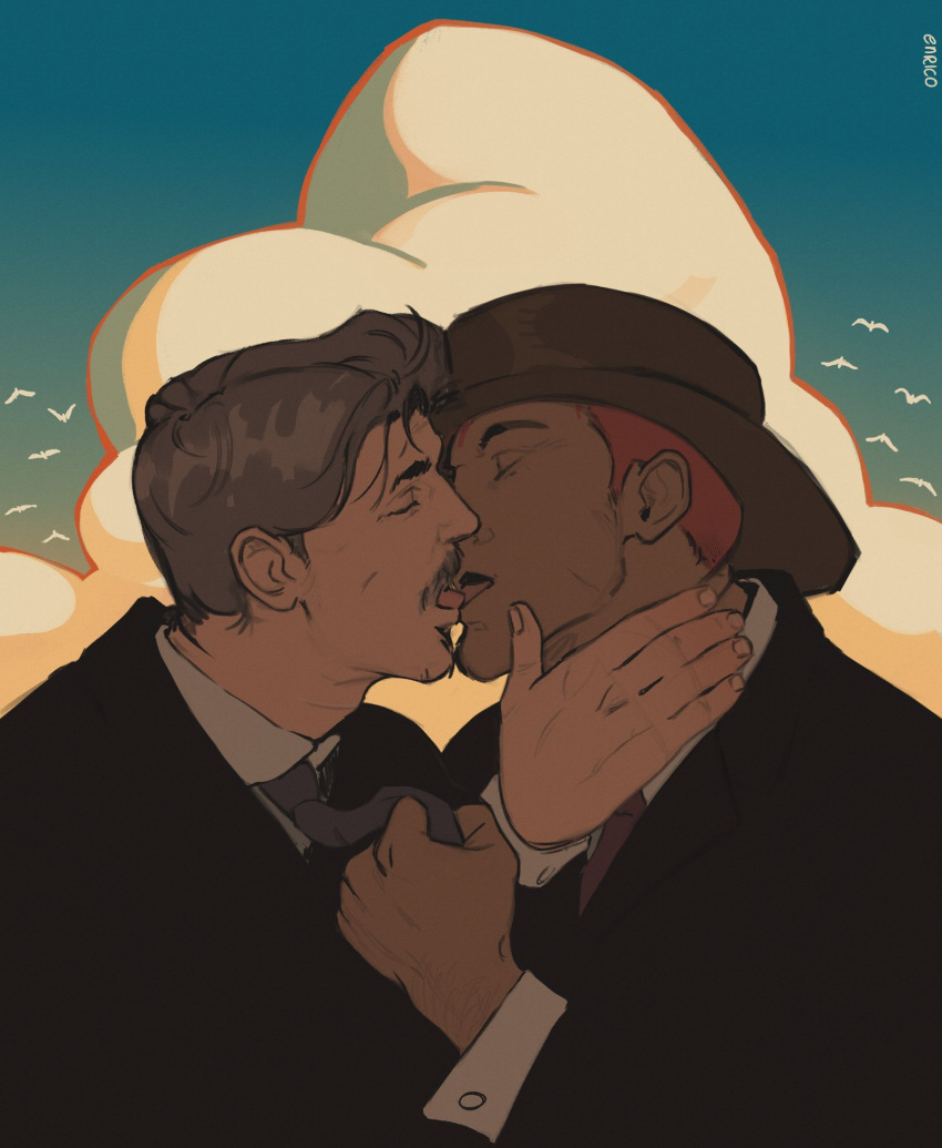 2boys bara closed_eyes cowboy_hat enri_(ceinordraws) facial_hair french_kiss from_side hand_on_another's_neck hat highres kiss male_focus mature_male multiple_boys necktie necktie_grab neckwear_grab original profile short_hair sideburns sideburns_stubble sparse_arm_hair stubble suit sunset tongue tongue_out upper_body yaoi
