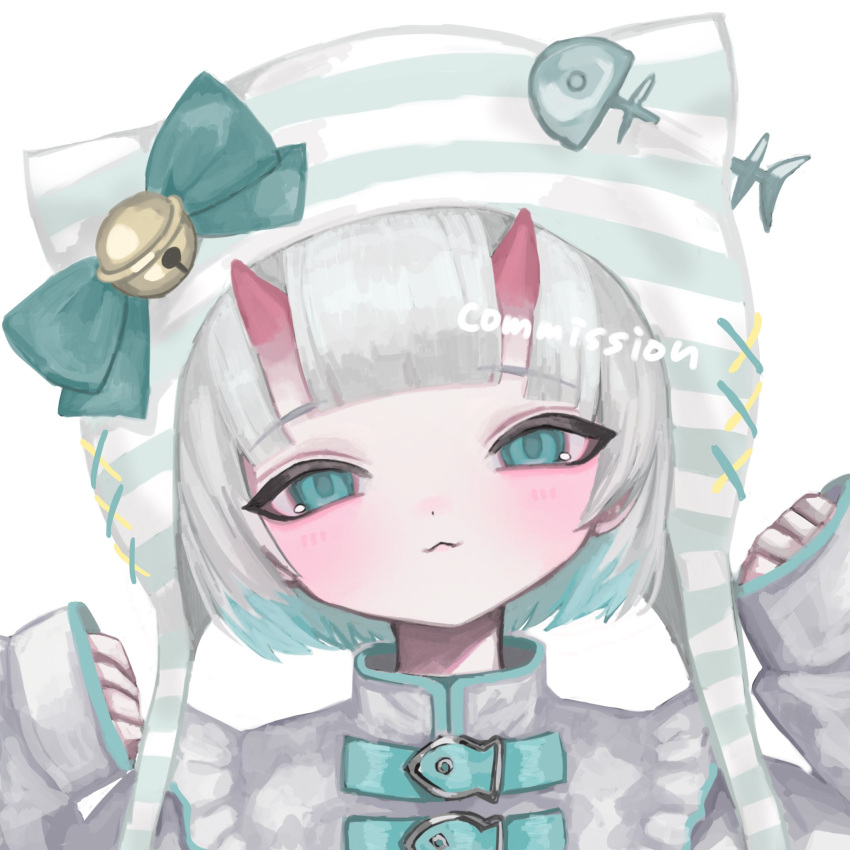 1girl animal_hat aqua_bow aqua_eyes bell blunt_bangs bow buckle closed_mouth commission fish_bone grey_hair hands_up hashtag-only_commentary hat hat_bell hat_bow head_tilt highres horns jingle_bell long_sleeves looking_at_viewer original pinching_sleeves portrait red_horns shiona_(siona0625) simple_background sleeves_past_wrists solo striped_clothes striped_headwear watermark white_background