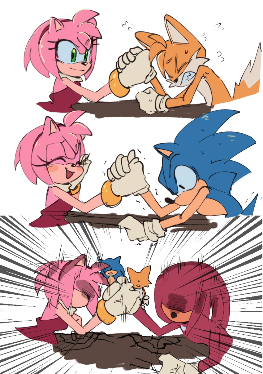 1girl 3boys absurdres amy_rose animal_nose blue_fur blush dress fighting furry furry_female furry_male gold_bracelet hairband hedgehog hedgehog_ears hedgehog_girl hedgehog_tail highres historiaallen knuckles_the_echidna multiple_boys pink_fur purple_fur red_dress red_hairband sonic_(series) sonic_the_hedgehog sonic_the_hedgehog_(classic) tails_(sonic)