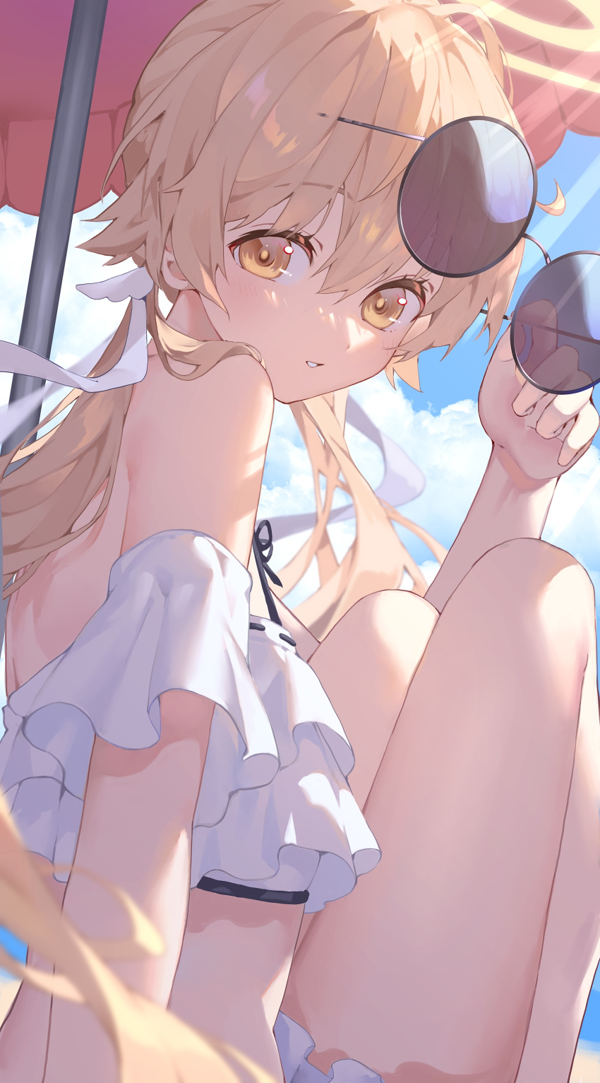 1girl absurdres bikini blonde_hair blue_archive blue_sky brown_eyes cloud commentary_request day halo hifumi_(blue_archive) hifumi_(swimsuit)_(blue_archive) highres iwashi_111 looking_at_viewer low_twintails official_alternate_costume outdoors parasol round_eyewear sitting sky solo sunglasses swimsuit thighs twintails umbrella white_bikini yellow_halo