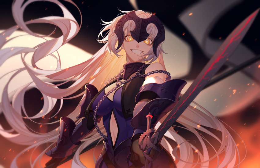 1girl :d absurdres armor armored_boots armored_dress banner bare_shoulders black_gloves boots breasts chain clothing_cutout crazy_eyes elbow_gloves erchongbaojun fate/grand_order fate_(series) faulds flag fur_trim gauntlets gloves grin headpiece highres jeanne_d'arc_(fate) jeanne_d'arc_alter_(avenger)_(fate) jeanne_d'arc_alter_(avenger)_(third_ascension)_(fate) jeanne_d'arc_alter_(fate) large_breasts long_hair looking_at_viewer navel_cutout plackart smile solo standard_bearer sword very_long_hair weapon yellow_eyes