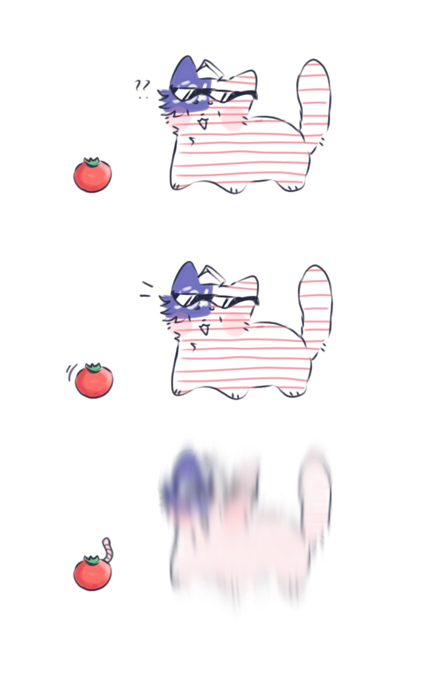 ahoge america_(countryhumans) american_flag animal animal_ears cat confused fluffy highres non-web_source open_mouth simple_background smile sunglasses surprised tomato white_background worm