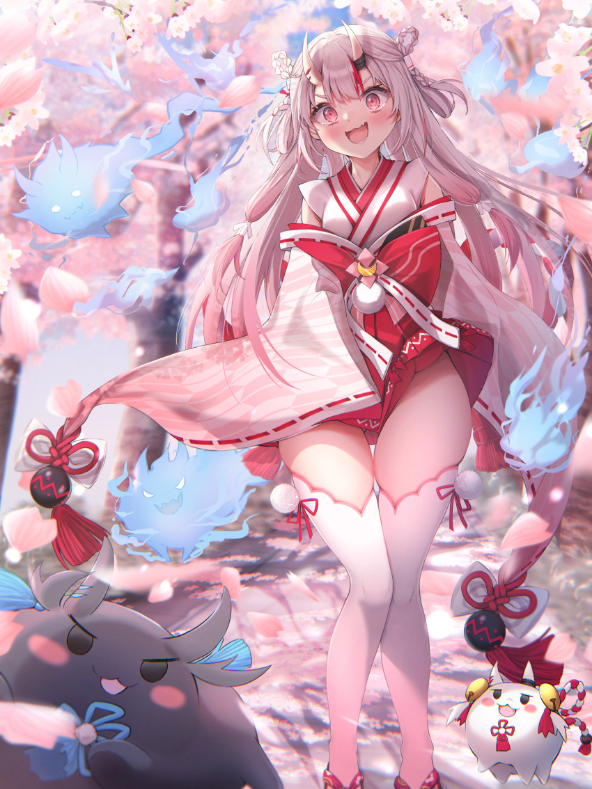 1girl :d absurdres blush cherry_blossoms clothes_lift commentary day detached_sleeves embarrassed falling_petals fang feet_out_of_frame floating_hair gradient_hair highres hololive horns japanese_clothes kimono knees_together_feet_apart long_hair long_sleeves looking_at_viewer multicolored_hair nakiri_ayame nakiri_ayame_(shrine_maiden) nervous_smile nontraditional_miko official_alternate_costume open_mouth outdoors petals pink_eyes pink_hair pleated_skirt poyoyo_(nakiri_ayame) red_skirt ribbon-trimmed_sleeves ribbon_trim sidelocks skin-covered_horns skin_fang skindentation skirt skirt_lift skirt_tug sleeves_past_fingers sleeves_past_wrists smile solo spirit spring_(season) standing straight_hair tears terra_bose thick_thighs thigh_gap thighhighs thighs v-shaped_eyebrows very_long_hair virtual_youtuber white_kimono white_thighhighs wide-eyed wide_sleeves wind wind_lift