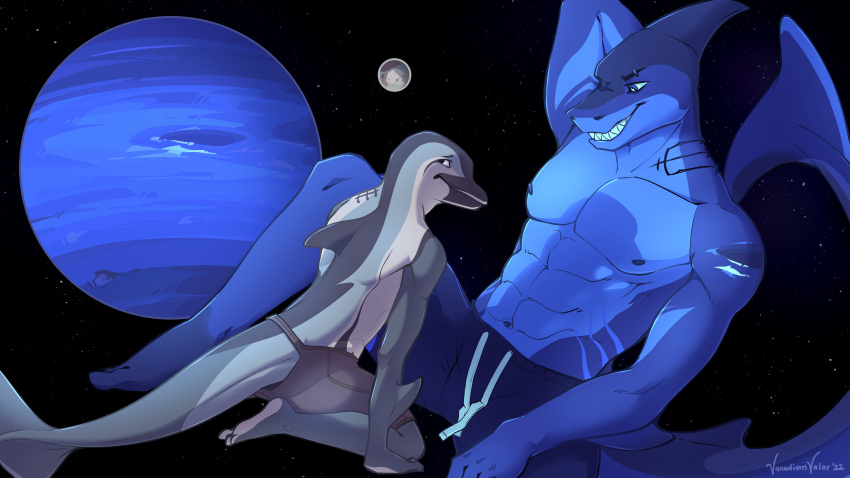 2022 absurd_res anthro astrological_symbol astronomical_symbol blue_body cetacean clothed clothing cosmic_background dolphin duo fish great_white_shark grey_body grin hi_res looking_at_another mackerel_shark male mammal marine neptune_(planet) neptune_(solar_house) neptune_symbol oceanic_dolphin planet_symbol shark smile solar_house starry_background striped_dolphin swimming_trunks swimwear symbol toothed_whale topless triton_(solar_house) vanadiumvalor white_shark