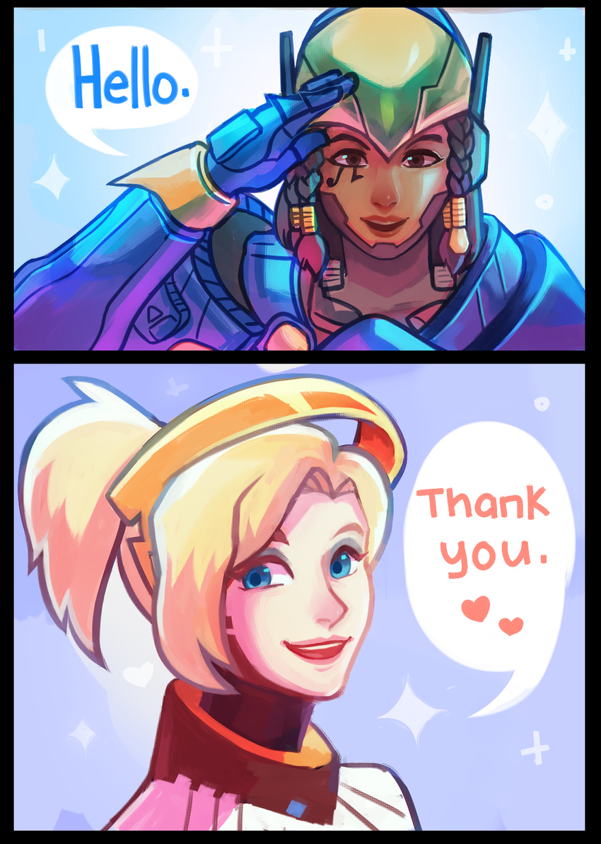 2girls comic female gradient gradient_background mercy multiple_girls overwatch upper_body