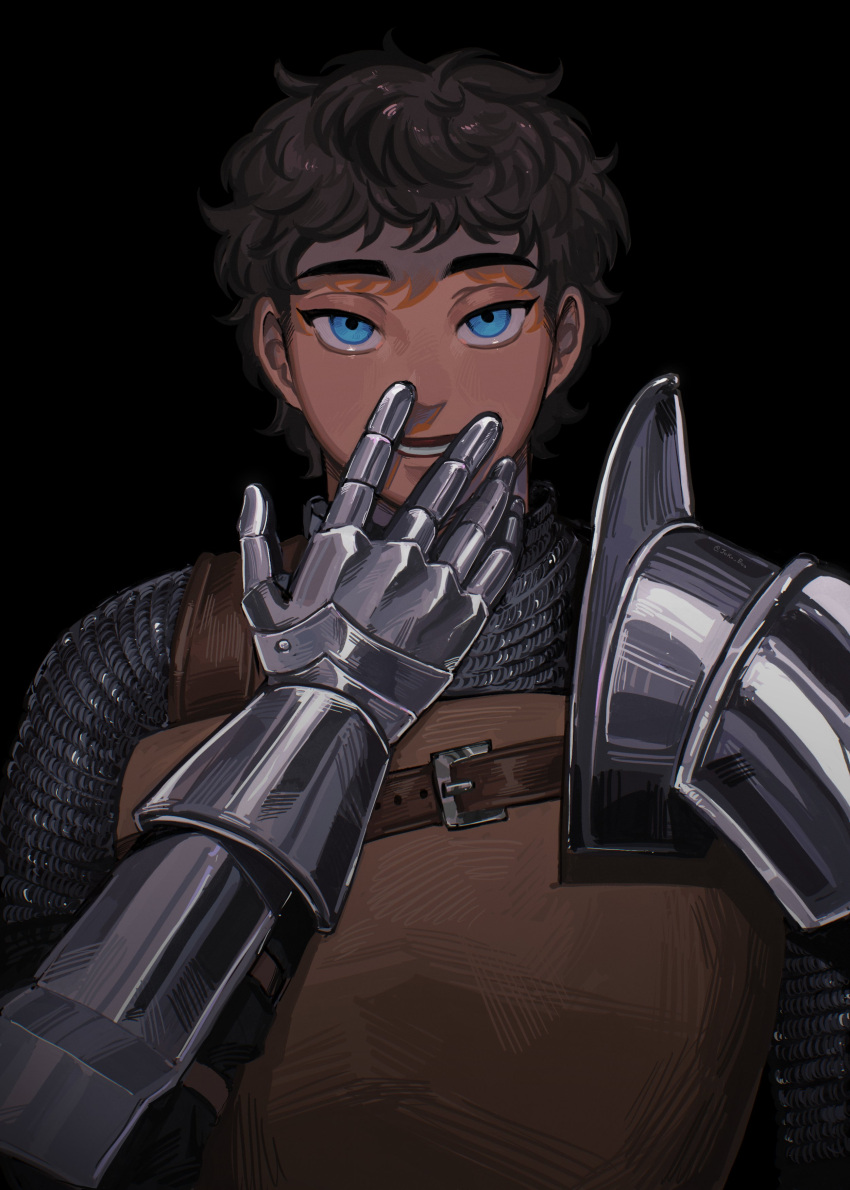 1boy absurdres armor black_background brown_hair chainmail dark-skinned_male dark_skin dungeon_meshi english_commentary gauntlets hand_to_own_mouth hand_up highres joko_boo kabru looking_at_viewer male_focus open_mouth pauldrons short_hair shoulder_armor simple_background single_pauldron upper_body yellow_eyes