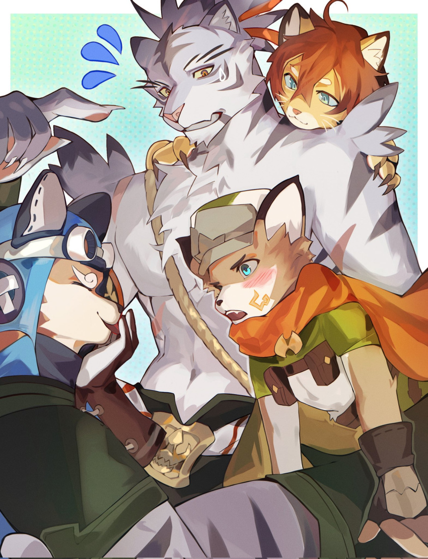 4boys abs animal_ears axianorange bara blue_eyes blush claws clenched_teeth closed_eyes dog_boy facing_another fang fangs fingerless_gloves flying_sweatdrops furry furry_male gloves goggles goggles_on_headwear green_eyes highres lion_boy lion_ears looking_at_another lou_(world_flipper) male_focus mouse_boy mouse_ears multiple_boys muscular muscular_male nimbus_(world_flipper) open_mouth orange_scarf pawpads pectorals scarf skin_fang sven_(world_flipper) sweatdrop teeth theo_(world_flipper) tiger_boy tiger_ears tiger_stripes topless_male world_flipper yellow_eyes