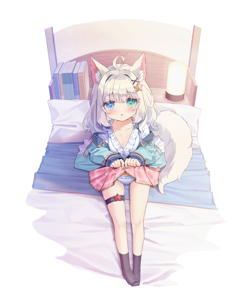 1girl :o ahoge animal_ear_fluff animal_ears bed_sheet black_socks blue_eyes blue_jacket blush book clothes_lift collarbone commentary_request frilled_panties frilled_shirt frills from_above full_body green_eyes grey_hair hair_ornament heterochromia highres jacket lifted_by_self long_sleeves looking_at_viewer looking_up no_shoes off_shoulder on_bed open_clothes open_jacket original panties parted_lips pink_skirt plaid plaid_skirt pleated_skirt puffy_long_sleeves puffy_sleeves satsuki_yukimi shirt sitting skindentation skirt skirt_lift socks solo star_(symbol) star_hair_ornament tail thigh_strap underwear white_panties white_shirt white_socks x_hair_ornament