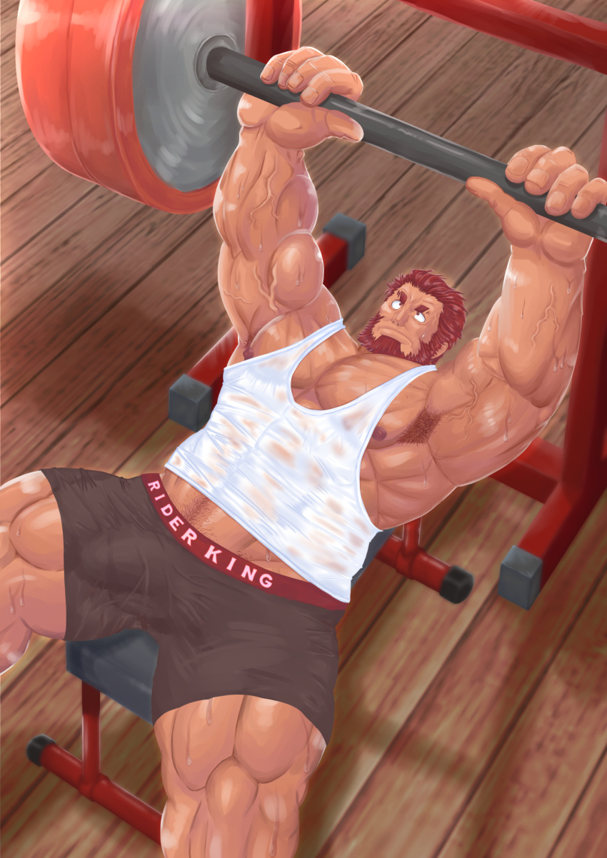 1boy armpit_hair armpits bara barbell beard bench_press black_male_underwear boxers dark-skinned_male dark_skin exercising facial_hair fate/zero fate_(series) from_above full_beard genta_iwayama highres iskandar_(fate) large_pectorals lying male_focus male_underwear mature_male muscular muscular_male on_back pectorals red_eyes red_hair see-through short_hair solo sweat sweaty_clothes tank_top thick_beard thick_navel_hair underwear veins veiny_arms very_sweaty weightlifting white_tank_top