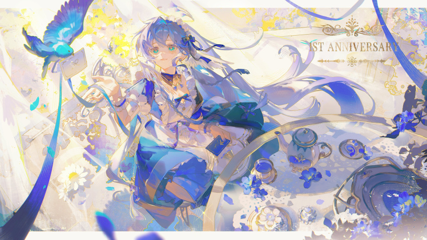 1girl absurdres apron bird blue_bird blue_dress blue_flower blue_hair bow cup dessert dress feathered_wings flower food green_eyes hair_bow halo head_wings highres honkai:_star_rail honkai_(series) light_blue_hair long_hair niukou_kouzi petals ribbon robin_(honkai:_star_rail) sitting tea tea_set teacup teapot white_flower white_wings wings