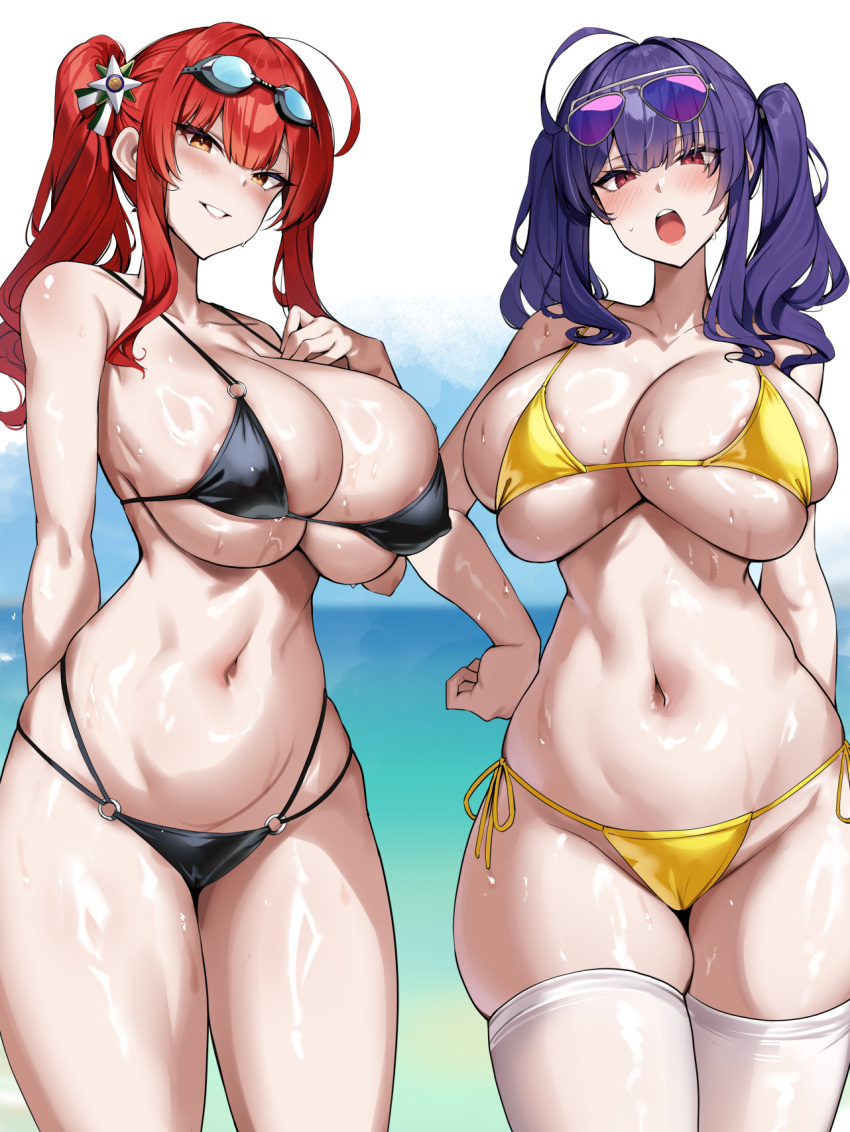 2girls areola_slip aviator_sunglasses azur_lane bare_shoulders beach bikini black_bikini blue_hair blush breasts cleavage collarbone commentary_request eyewear_on_head goggles goggles_on_head grin highres kirome_(kamipaper) large_breasts long_hair looking_at_viewer multiple_girls navel official_alternate_costume open_mouth pola_(azur_lane) pola_(seaside_coincidence)_(azur_lane) red_hair side_ponytail sideboob sidelocks skindentation smile stomach sunglasses swimsuit thighs twintails underboob wet yellow_bikini yellow_eyes zara_(azur_lane) zara_(poolside_coincidence)_(azur_lane)