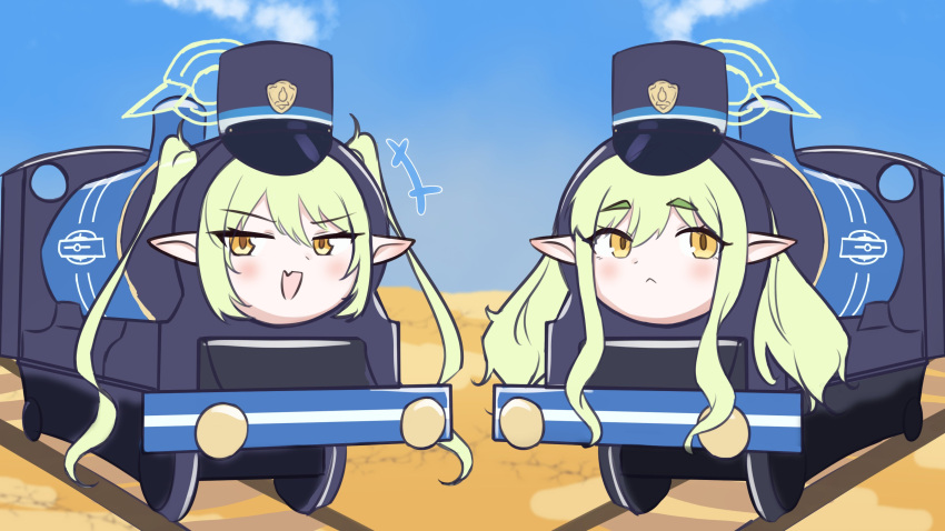 +++ absurdres blue_archive blue_sky desert fang green_hair hair_between_eyes halo hat highres hikari_(blue_archive) long_hair nozomi_(blue_archive) objectification peaked_cap pointy_ears psycho_orb siblings sidelocks sisters skin_fang sky train twins twintails yellow_eyes