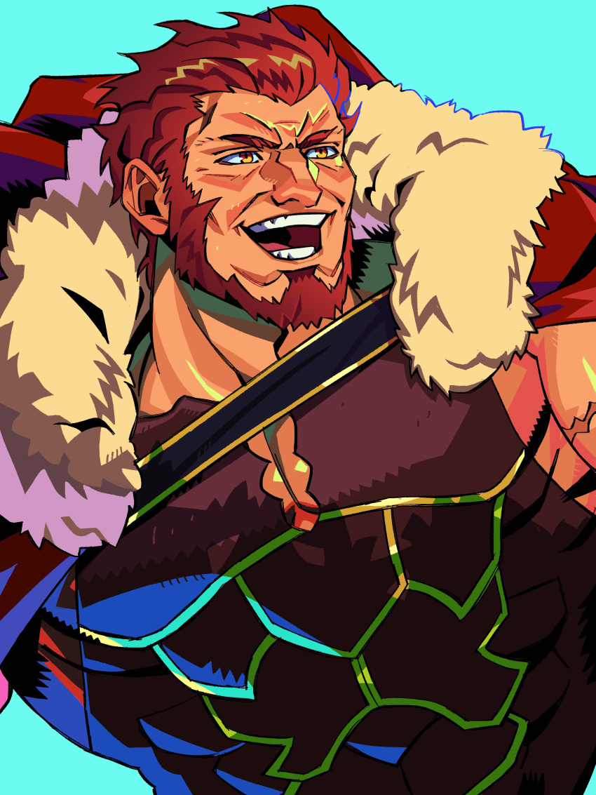 absurdres bara beard breaking_spine cape facial_hair fate/grand_order fate/zero fate_(series) full_beard highres iskandar_(fate) male_focus red_hair smile