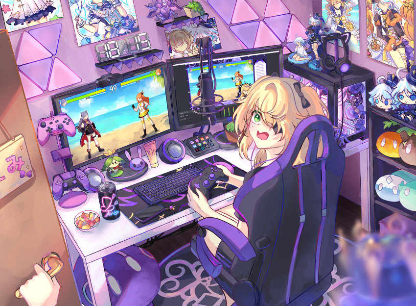 1girl 1other aranara_(genshin_impact) barbara_(genshin_impact) blonde_hair can chair character_doll commentary_request controller door eyepatch fischl_(genshin_impact) furina_(genshin_impact) game_controller gaming_chair genshin_impact green_eyes headphones headphones_removed highres holding holding_controller holding_game_controller indoors keqing_(genshin_impact) keyboard_(computer) long_hair maron_star monitor sitting slime_(genshin_impact) solo_focus swivel_chair two_side_up