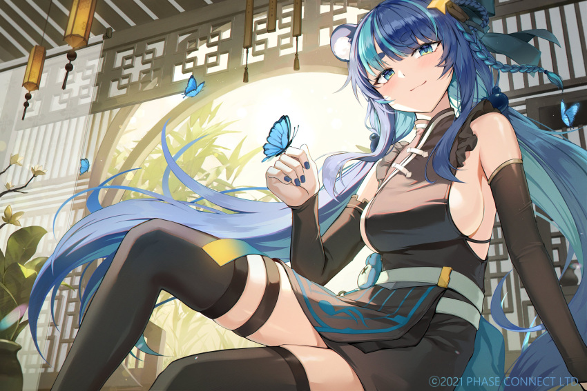 1girl absurdres animal_ears aqua_hair architecture asymmetrical_legwear asymmetrical_sleeves bear_ears belt black_dress black_thighhighs blue_butterfly blue_eyes blue_hair blue_nails braid breasts bug butterfly choppy_bangs colored_inner_hair cropped_arms cropped_legs detached_sleeves doorway dress east_asian_architecture fujikura_uruka fujikura_uruka_(2nd_costume) hair_ornament highres knee_up lantern long_hair looking_at_viewer low_twintails luzzi_(milllim) medium_breasts multicolored_hair paper_lantern pelvic_curtain phase_connect plant potted_plant side_braid sideboob sidelocks sitting stuffed_toy thick_eyebrows thighhighs twintails two-tone_hair very_long_hair virtual_youtuber white_belt