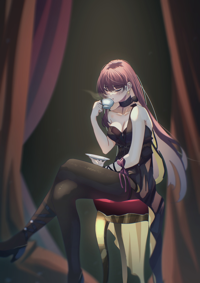 1girl absurdres black_choker black_dress black_footwear black_pantyhose blush breasts choker cleavage closed_eyes cup dress earrings english_commentary full_body girls'_frontline girls'_frontline_2:_exilium high_heels highres holding holding_cup holding_saucer jewelry long_hair official_alternate_costume open_mouth pantyhose purple_hair saucer shidoni shoes sitting solo stool teacup wa2000_(ballroom_interlude)_(girls'_frontline) wa2000_(girls'_frontline)