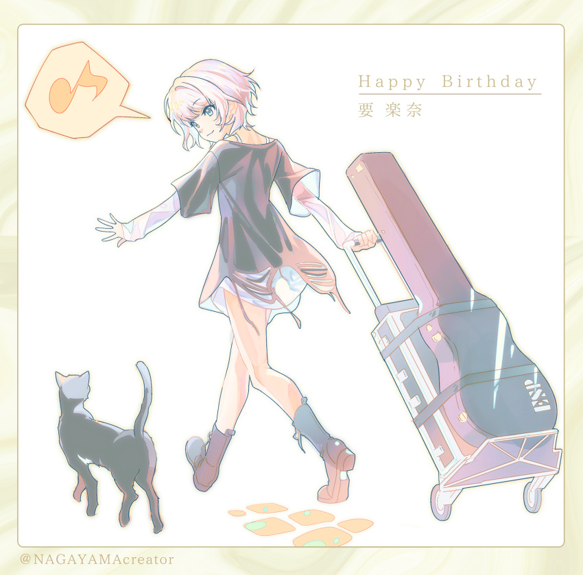 1girl bang_dream! bang_dream!_it's_mygo!!!!! black_cat black_footwear black_shirt blue_eyes boots cat closed_mouth commentary_request full_body guitar_case happy_birthday highres instrument_case kaname_raana layered_sleeves long_sleeves looking_at_animal medium_hair musical_note nagayama_momo shirt short_over_long_sleeves short_sleeves smile solo spoken_musical_note twitter_username walking white_hair