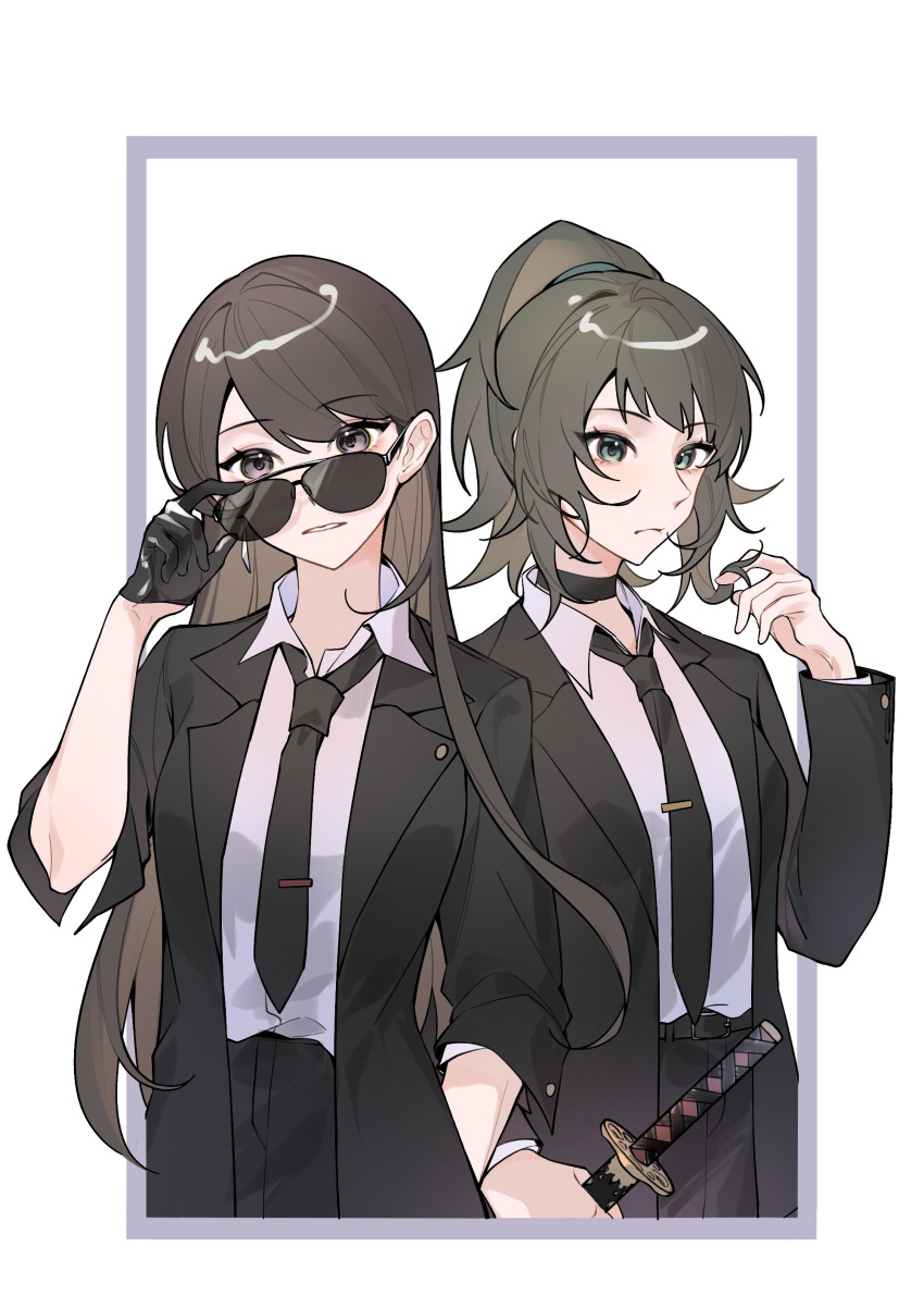2girls absurdres adjusting_eyewear bang_dream! bang_dream!_it's_mygo!!!!! black_choker black_gloves black_jacket black_necktie black_pants black_suit brown_hair chinese_commentary choker closed_mouth collared_shirt commentary_request commission earrings gloves green_eyes hand_in_own_hair highres holding holding_sword holding_weapon jacket jewelry katana long_hair looking_at_viewer multiple_girls necktie outside_border pants parted_lips purple_eyes second-party_source shiina_taki shirt suit sunglasses sword tsumalan weapon white_shirt yahata_umiri