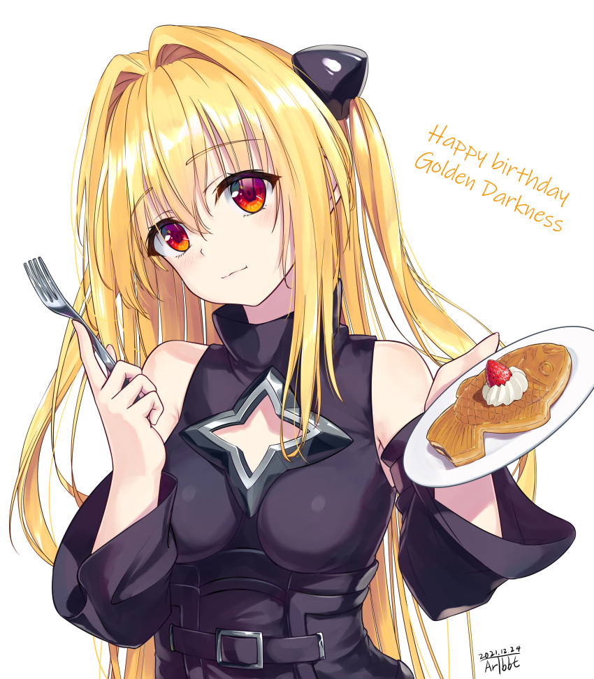 1girl :t absurdres bare_shoulders black_dress blonde_hair breasts clothing_cutout commentary_request dated detached_sleeves dress food fork fruit hair_intakes hair_ornament hands_up happy_birthday head_tilt highres holding holding_fork konjiki_no_yami long_hair looking_at_viewer red_eyes signature simple_background solo strawberry taiyaki to_love-ru traveler_(artbbt) two_side_up upper_body very_long_hair wagashi whipped_cream white_background