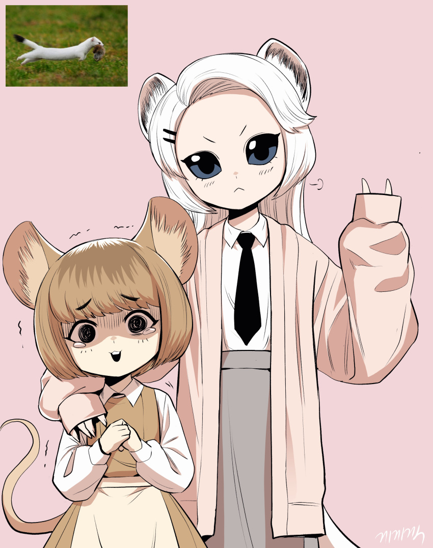 2girls :&lt; absurdres animal_ears apron arm_around_shoulder black_eyes black_necktie blue_eyes brown_hair collared_shirt creature_and_personification dress gegegekman hair_ornament hairclip highres jacket long_hair looking_at_viewer mouse_(animal) mouse_ears mouse_girl mouse_tail multiple_girls necktie open_clothes open_jacket open_mouth original own_hands_together photo_inset pink_background reference_inset scared school_uniform shirt short_hair size_difference skirt sleeves_past_wrists tail tears teeth trembling upper_teeth_only v weasel weasel_girl weasel_tail white_hair