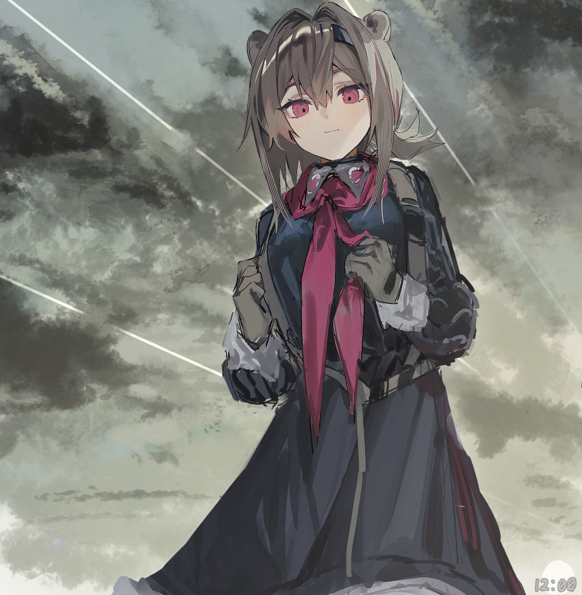 1girl absinthe_(arknights) absinthe_(noon_twilight)_(arknights) animal_ears arknights backpack bag bear_ears bear_girl black_gloves blue_dress blush closed_mouth cloud cloudy_sky cowboy_shot day dress gloves grey_hair hair_between_eyes highres long_dress long_hair looking_at_viewer mokuro3m neckerchief outdoors overcast purple_neckerchief red_eyes sidelocks sky smile solo watermark