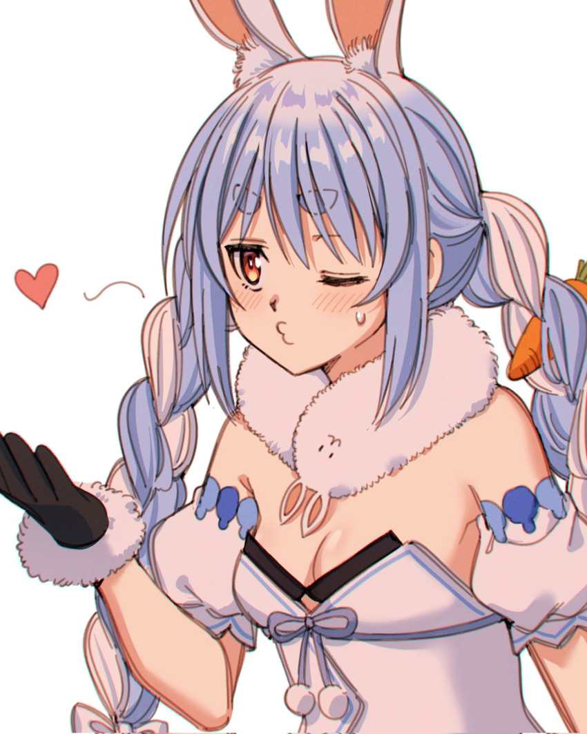 1girl animal_ear_fluff animal_ears black_gloves blowing_kiss blue_hair blush braid breasts carrot_hair_ornament cleavage commentary_request detached_sleeves don-chan_(usada_pekora) dress extra_ears food-themed_hair_ornament frieren_blowing_a_kiss_(meme) fur-trimmed_gloves fur_scarf fur_trim gloves hair_ornament highres hikimayu hololive homura_(hmr0222) leotard leotard_under_clothes long_hair meme multicolored_hair one_eye_closed orange_eyes puckered_lips puffy_short_sleeves puffy_sleeves rabbit-shaped_pupils rabbit_ears rabbit_girl scarf short_eyebrows short_sleeves small_breasts solo strapless strapless_dress strapless_leotard symbol-shaped_pupils thick_eyebrows twin_braids twintails two-tone_hair upper_body usada_pekora usada_pekora_(1st_costume) virtual_youtuber white_dress white_hair white_scarf