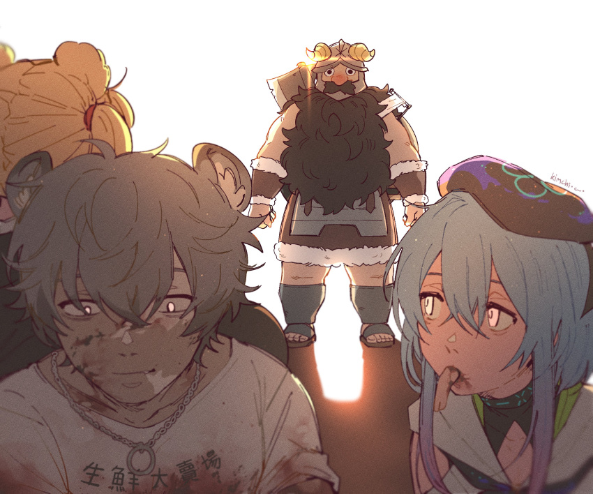 1girl 3boys absurdres animal_ears arknights bear_boy bear_ears bear_girl beard blood blood_from_mouth blood_on_clothes cannibalism dungeon_meshi facial_hair finger_in_another's_mouth gummy_(arknights) hat highres jaye_(arknights) k1mch_i kimchi15922858 mizuki_(arknights) multiple_boys senshi_(dungeon_meshi)