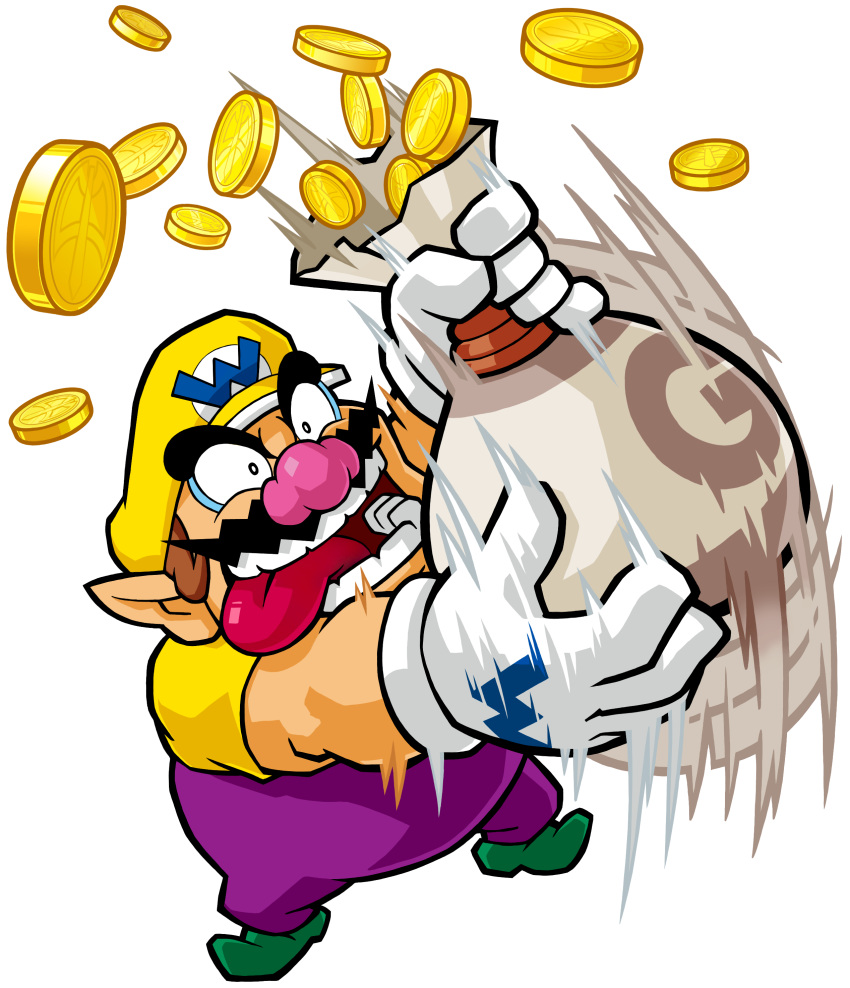 1boy absurdres big_nose brown_hair coin facial_hair gloves gold_coin green_footwear hat highres holding holding_sack motion_lines mustache official_art overalls pointy_ears purple_overalls sack third-party_source tongue tongue_out wario wario_land wario_land:_shake_it! white_gloves yellow_hat