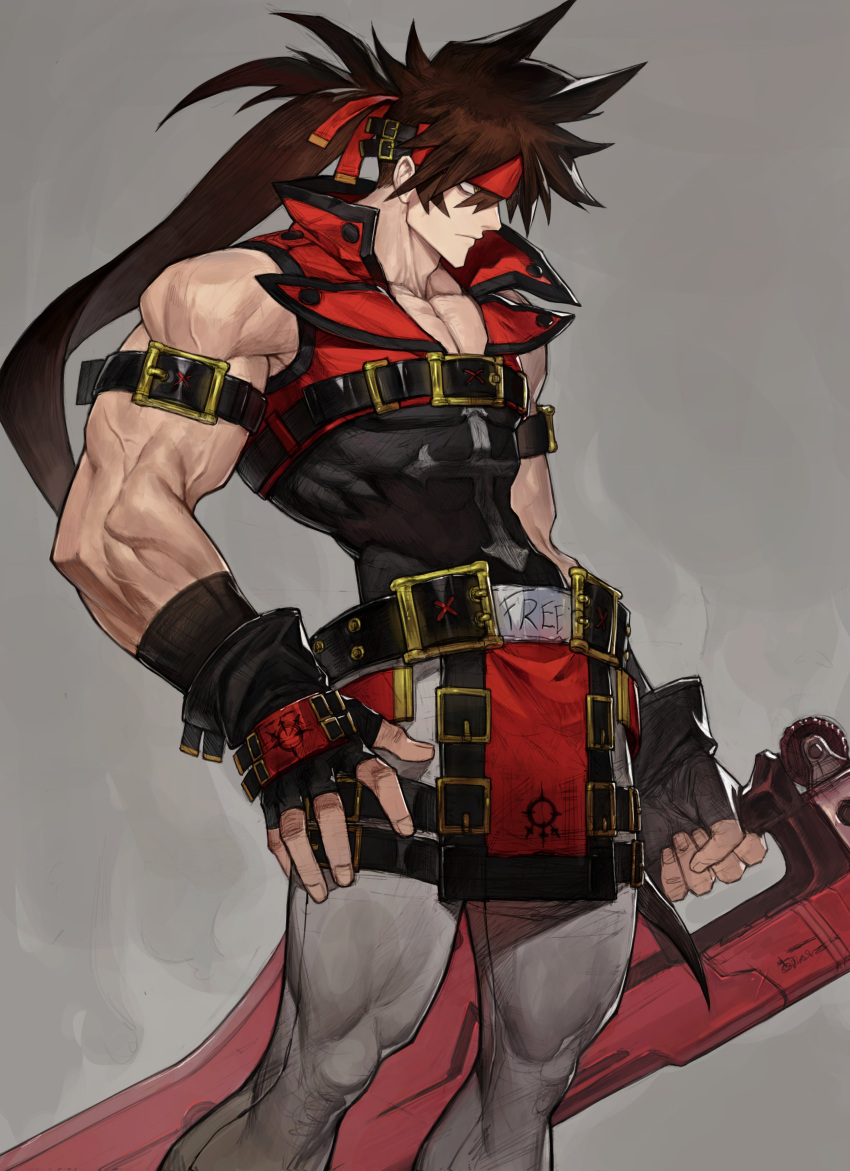 1boy absurdres black_gloves brown_hair cowboy_shot fingerless_gloves gloves grey_background guilty_gear headband highres holding holding_sword holding_weapon long_hair p_(pm_611a) pants red_headband red_vest simple_background sol_badguy solo sword vest weapon white_pants