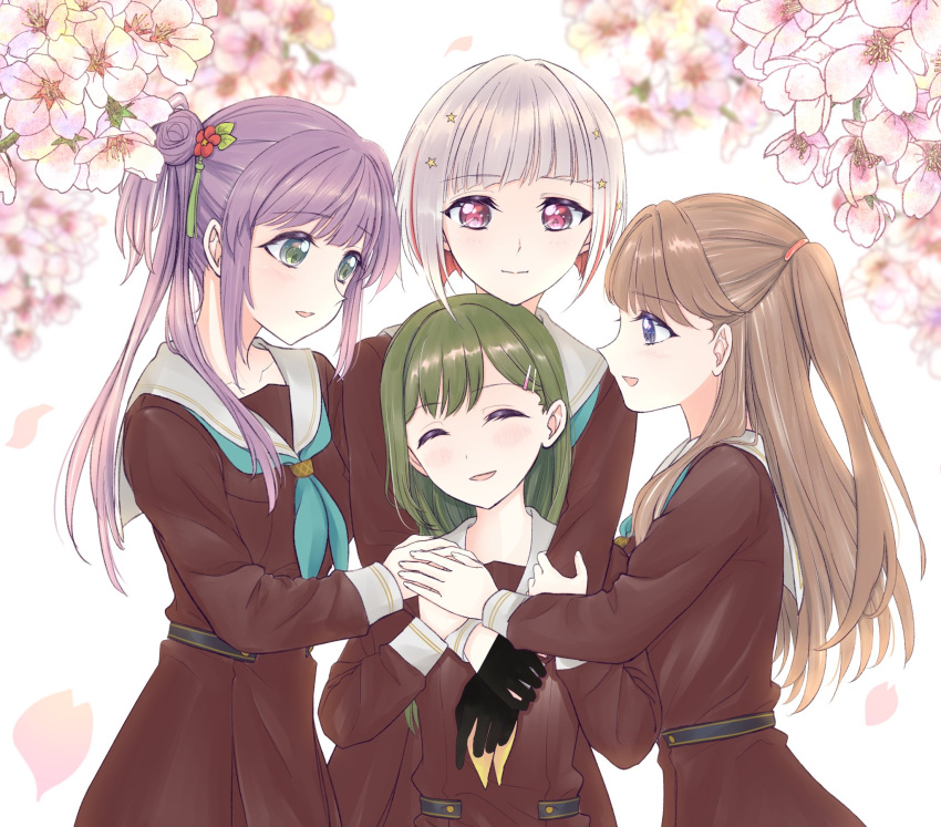 4girls :d aegis_zan aqua_neckerchief arms_around_neck black_gloves blurry blurry_background bob_cut brown_dress brown_hair check_commentary cherry_blossoms closed_mouth colored_inner_hair commentary_request diagonal_bangs dress falling_petals flower fujishima_megumi gloves green_eyes green_hair grey_hair group_hug hair_bun hair_flower hair_ornament hairclip half_gloves hands_on_another's_arms happy hasu_no_sora_school_uniform height_difference highres hug inverted_bob link!_like!_love_live! long_hair long_sleeves looking_at_another love_live! multicolored_hair multiple_girls neckerchief oogami_sachi open_mouth otomune_kozue petals pink_eyes pink_flower pink_petals pleated_dress purple_eyes purple_hair red_flower red_hair sailor_collar sailor_dress school_uniform short_hair side_ponytail sidelocks sideways_mouth single_side_bun smile split_mouth star_(symbol) star_hair_ornament straight_hair streaked_hair swept_bangs two_side_up virtual_youtuber white_background white_sailor_collar winter_uniform yellow_neckerchief yugiri_tsuzuri