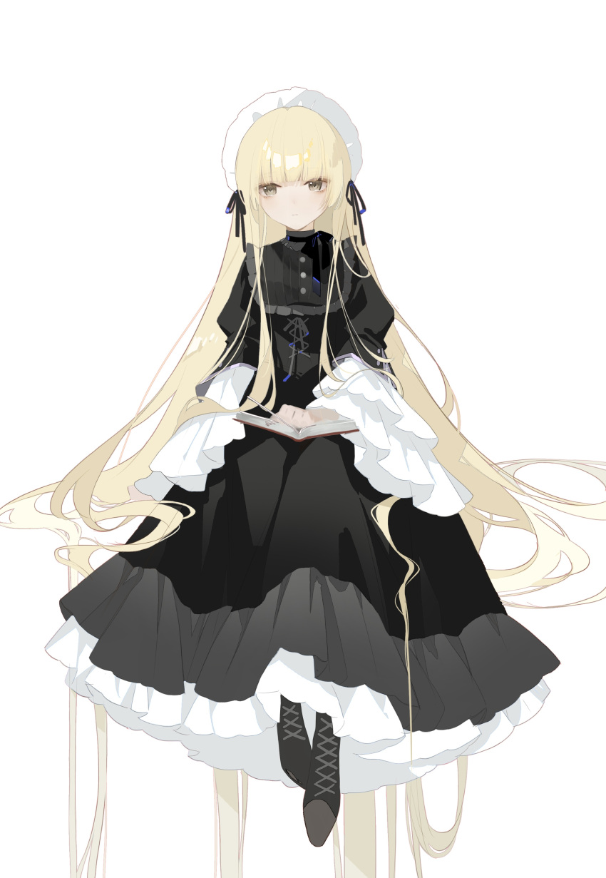 1girl 7tkei absurdres black_choker black_dress black_eyes black_footwear blonde_hair book book_on_lap boots bow_choker chinese_commentary choker commentary_request cross-laced_footwear dress expressionless frilled_dress frilled_hairband frilled_sleeves frills full_body gosick gown hair_spread_out hairband highres invisible_chair juliet_sleeves layered_dress layered_sleeves long_hair long_sleeves looking_at_viewer open_book puffy_sleeves simple_background sitting solo very_long_hair victorica_de_blois white_background white_hairband wide_sleeves