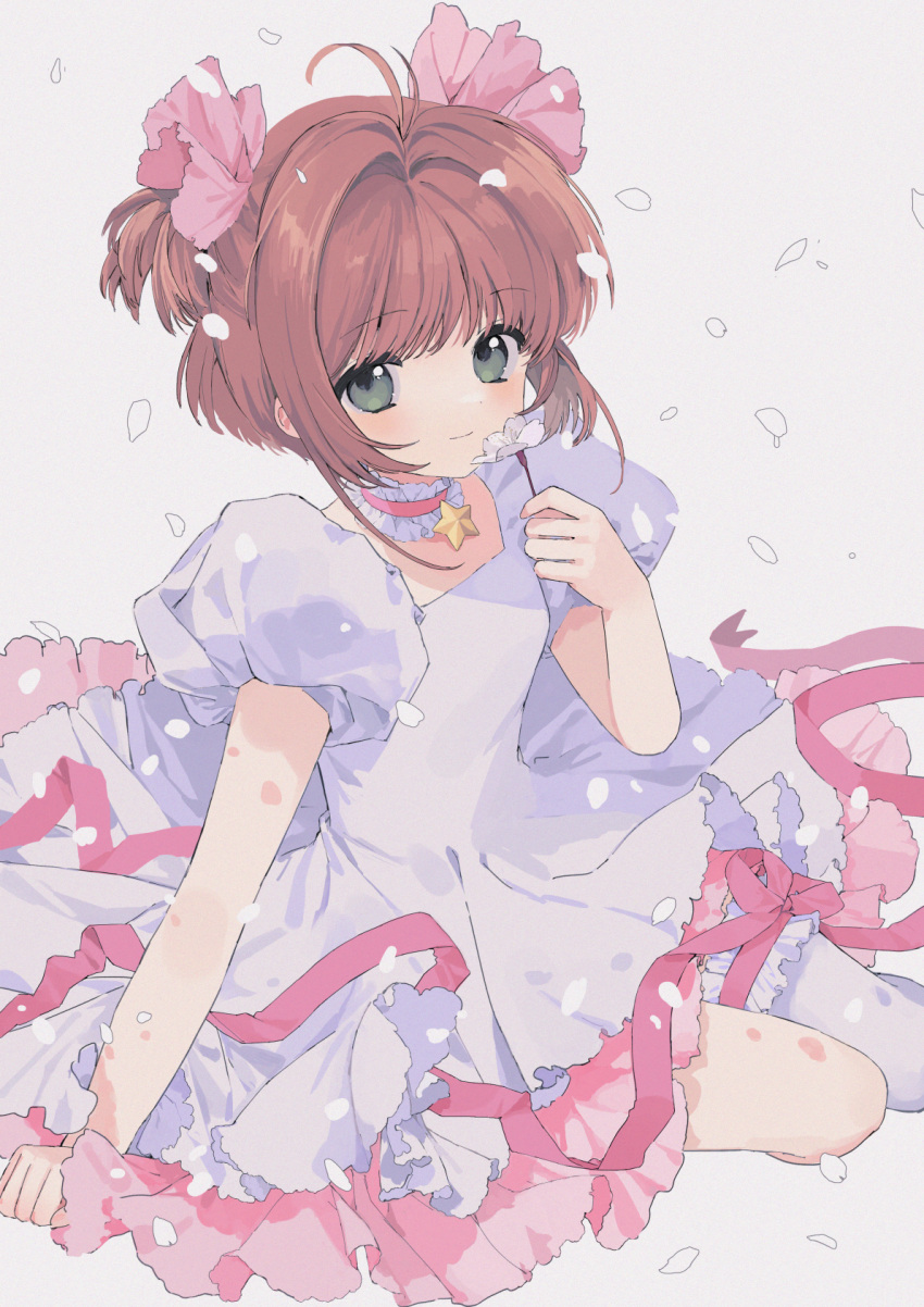 1girl antenna_hair asymmetrical_legwear bad_id bad_pixiv_id brown_hair cardcaptor_sakura choker closed_mouth dress flower frilled_choker frilled_dress frills full_body green_eyes hand_up highres holding holding_flower kinomoto_sakura looking_at_viewer magical_girl nkohime petals puffy_short_sleeves puffy_sleeves short_hair short_sleeves single_thighhigh sitting smile solo star_(symbol) star_choker thighhighs two_side_up white_dress white_flower white_thighhighs