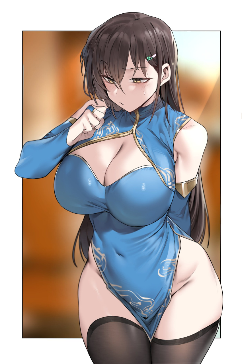 1girl arm_behind_back black_hair black_thighhighs blue_dress blue_sleeves blurry blurry_background border breasts bridal_gauntlets character_request check_character china_dress chinese_clothes cleavage detached_sleeves dress hair_between_eyes hair_ornament hairclip highres large_breasts long_hair looking_down original outside_border pelvic_curtain playing_with_own_hair solo thighhighs urec white_border yellow_eyes