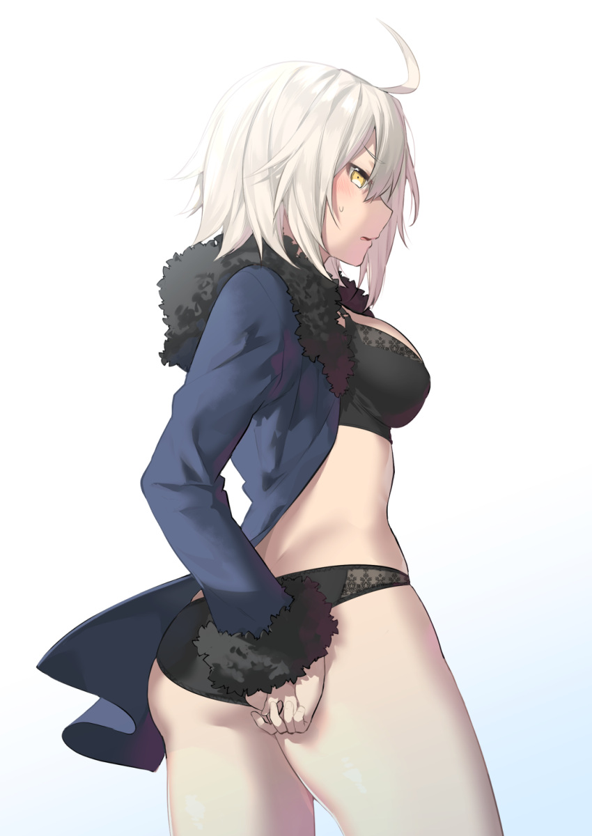 1girl ahoge ass black_bra black_panties blue_jacket blush bra breasts commentary_request cowboy_shot fate/grand_order fate_(series) fur-trimmed_jacket fur_trim highres itohana jacket jeanne_d'arc_alter_(fate) jeanne_d'arc_alter_(ver._shinjuku_1999)_(fate) large_breasts looking_at_viewer medium_breasts official_alternate_costume open_clothes open_jacket panties short_hair solo sweatdrop underwear white_hair yellow_eyes