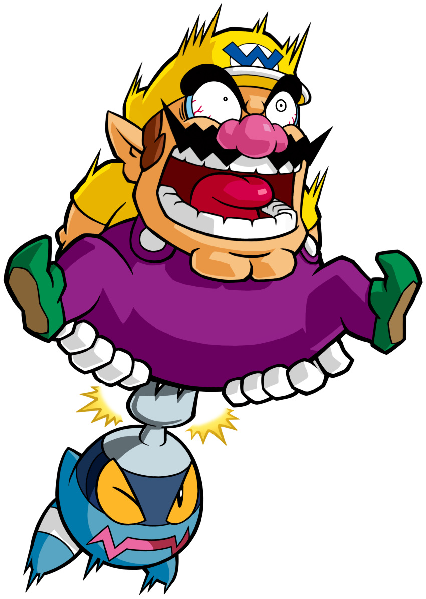 1boy absurdres brown_hair cleft_chin facial_hair gloves green_footwear hat highres mustache official_art overalls pointy_ears purple_overalls shirt shouting third-party_source wario wario_land wario_land:_shake_it! white_gloves yellow_eyes yellow_hat yellow_shirt